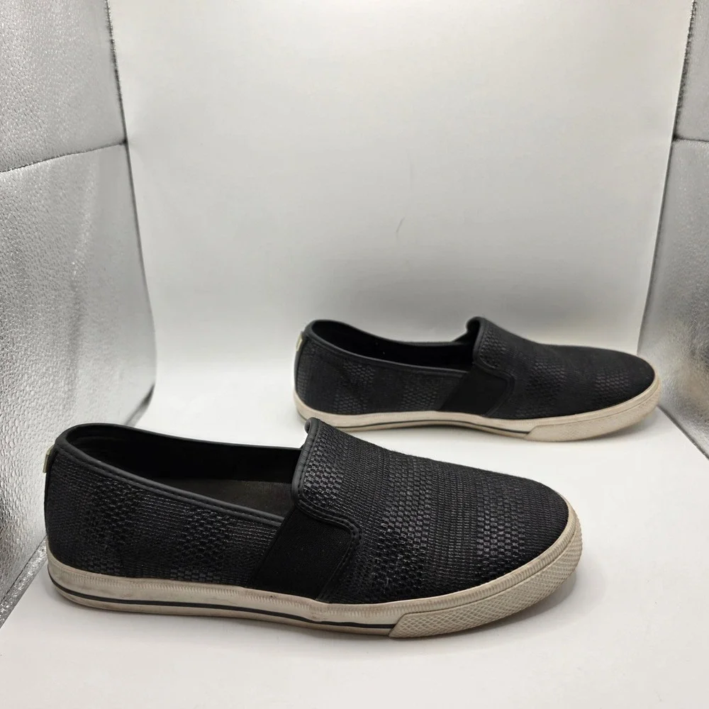 Lauren Ralph Lauren Jinny Black Woven Slip On Sneakers Womens 9B Gold Logo Flat